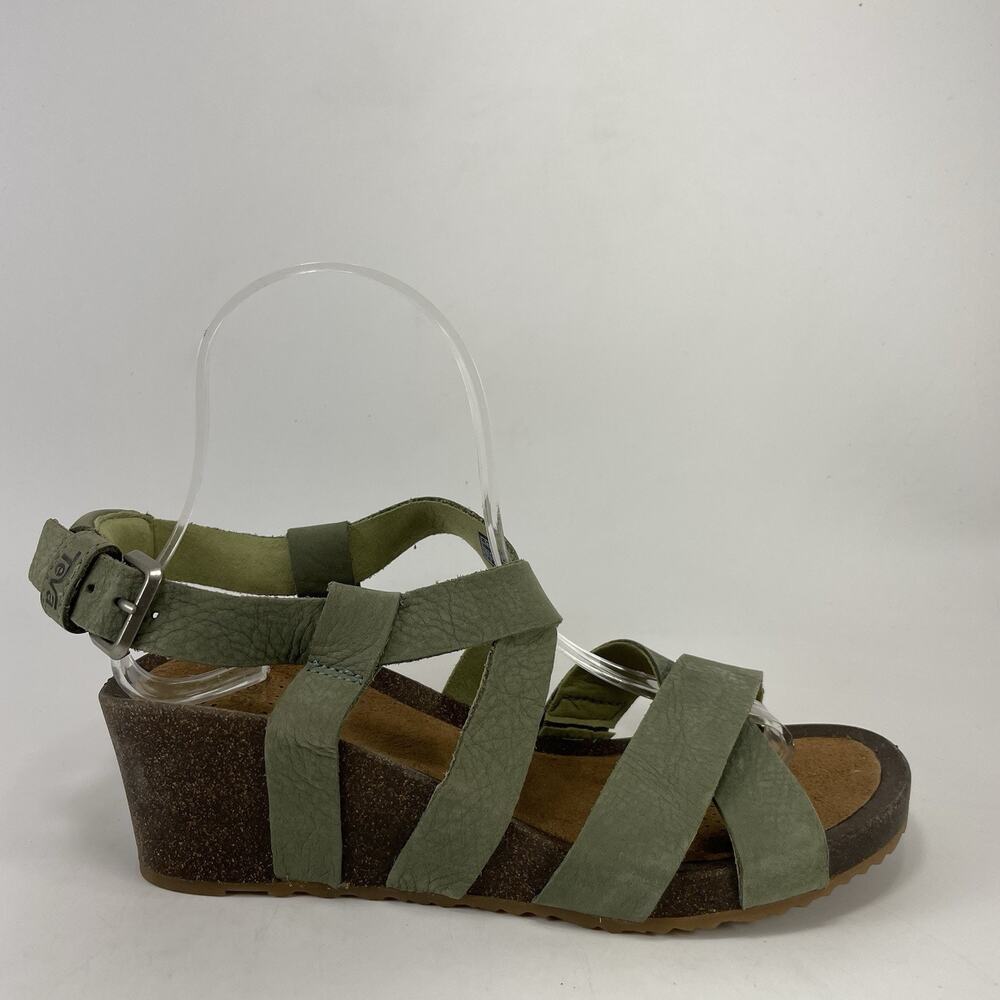Teva Mahonia Cross Strap Sage Green Leather Wedge Sandals Womens Size 6